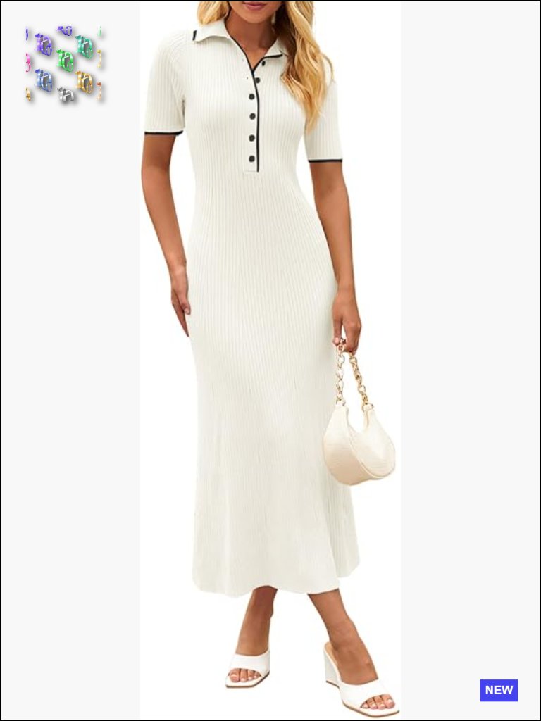 Women's Ribbed Knit Maxi Dress V Neck Button Front Short Sleeve Bodycon